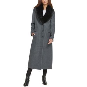 DKNY Faux Fur Collar Charcoal Maxi Coat P NWT